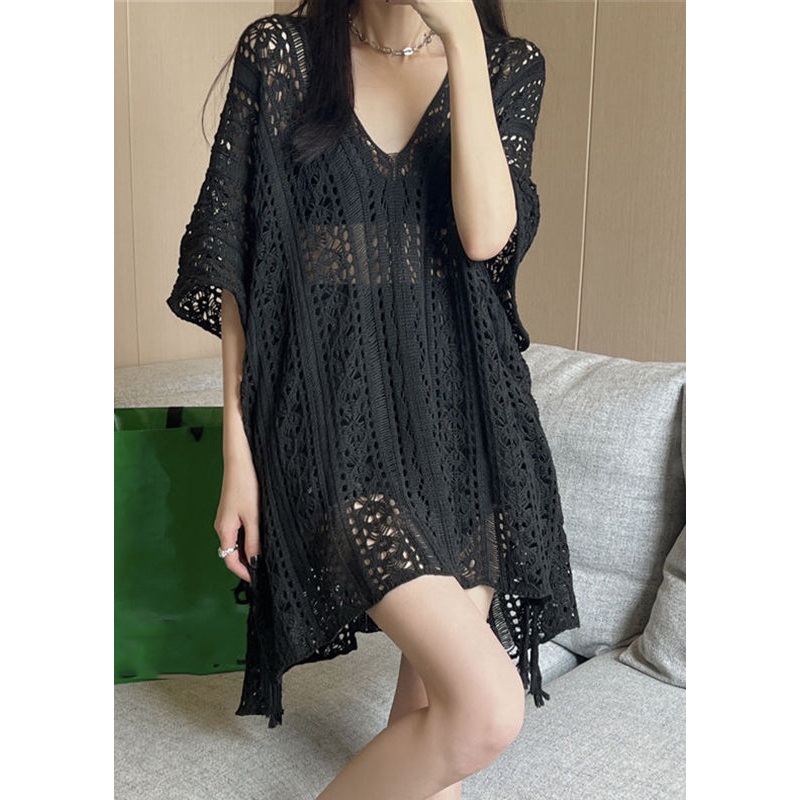 Fashion Black V Neck Low High Design Ice Silk Knit T Shirt Summer