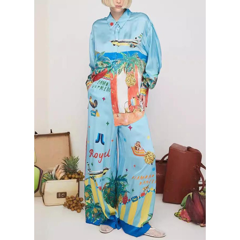 Fashion Blue Peter Pan Collar Shirts And Wide Leg Pants Two Pieces Set Spring