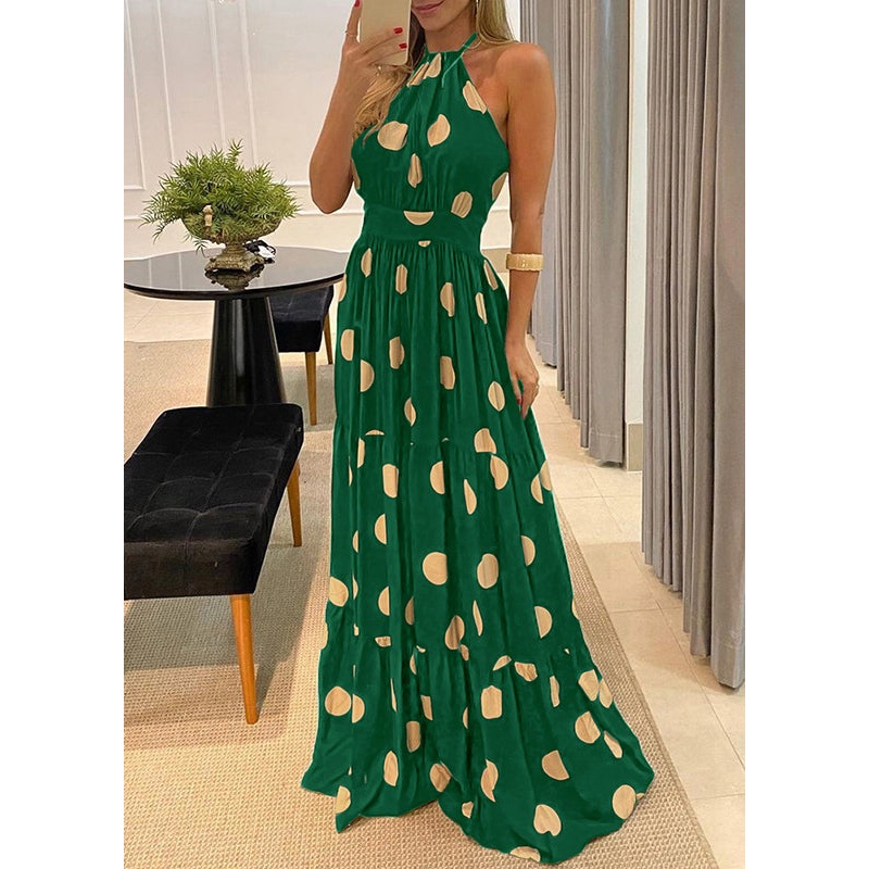 Fashion Green Dot Print Halter Backless Maxi Dress Sleeveless