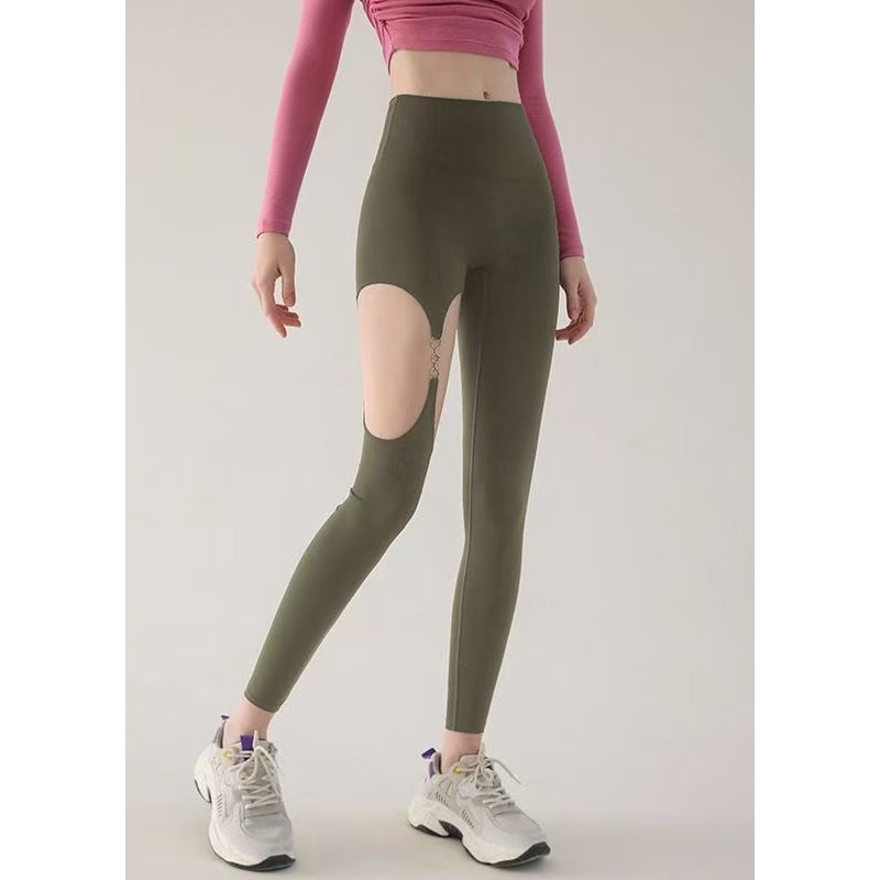 Fashion Green Hollow Out High Waist Capri Leggings Activewear