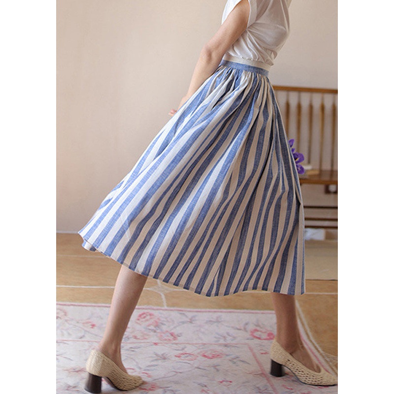Fine Blue Striped Wrinkled High Waist Cotton Skirt Summer