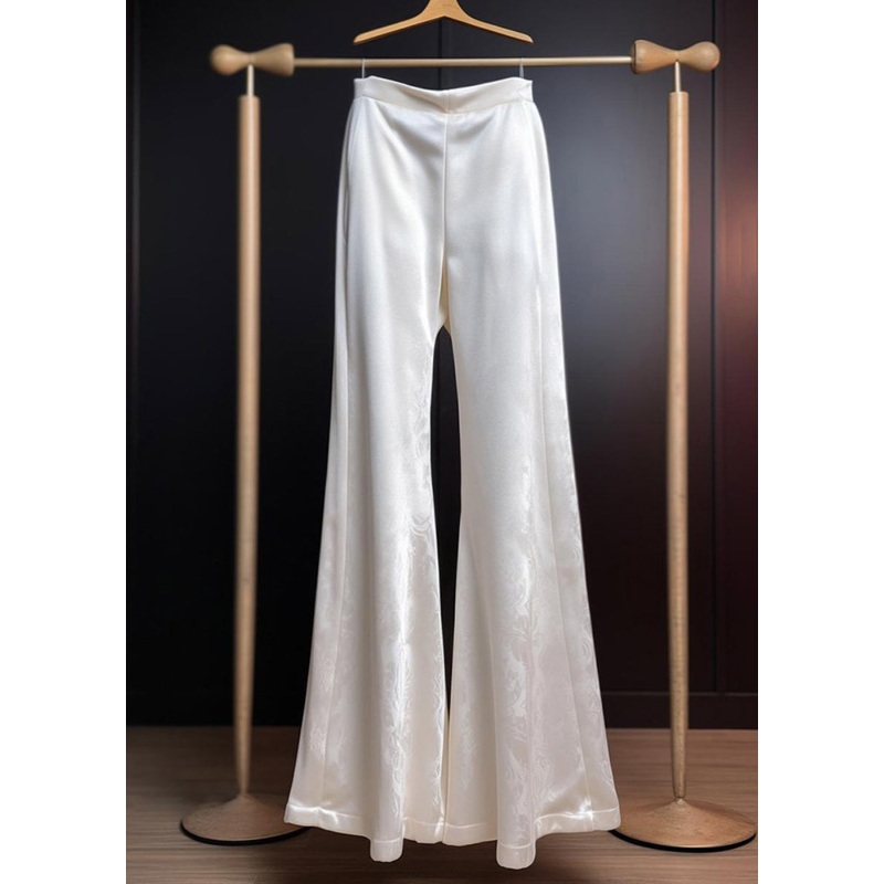 Fine White Print High Waist Silk Flared Trousers Summer