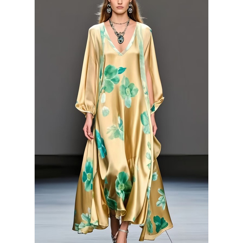 Fine Yellow Oversized Print Silk A Line Dress Spring