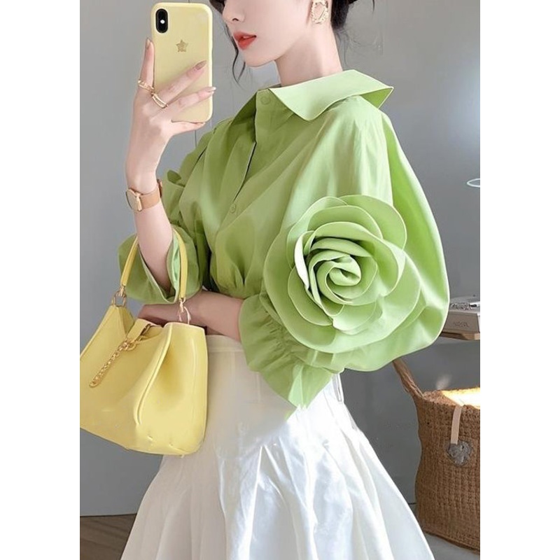 Floral Green Peter Pan Collar Button Cotton Blouses Half sleeve
