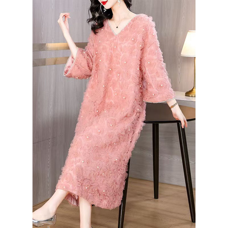 Floral Pink V Neck Nail Bead Tulle Long Dresses Spring