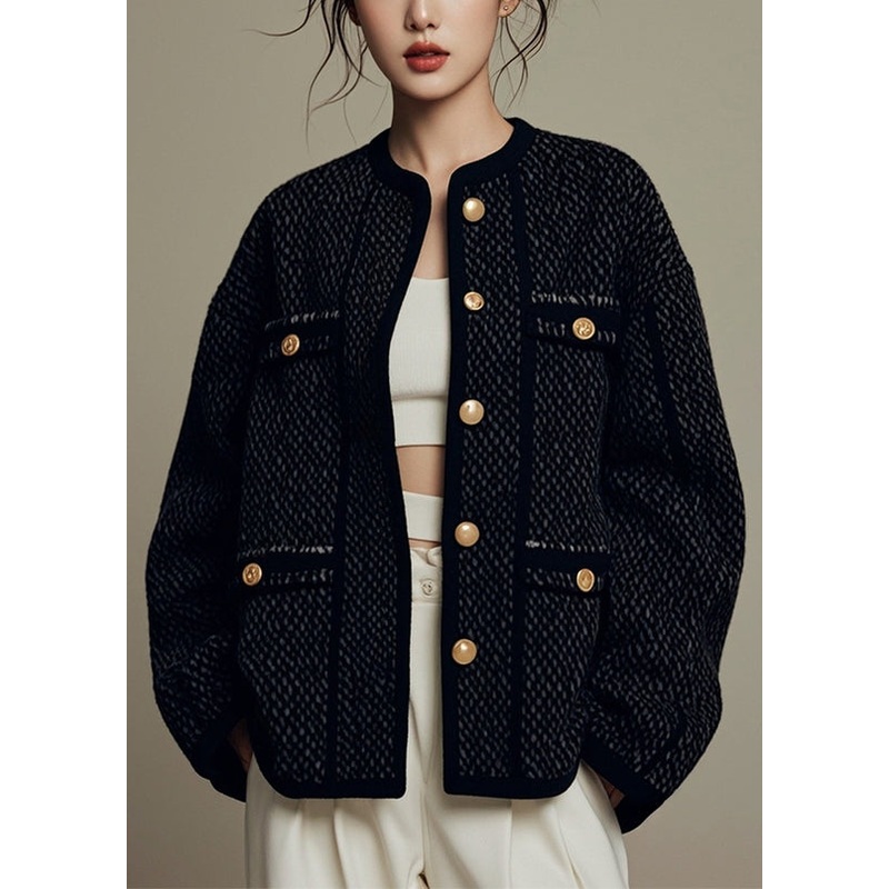 French Black O Neck Button Cotton Coats Winter