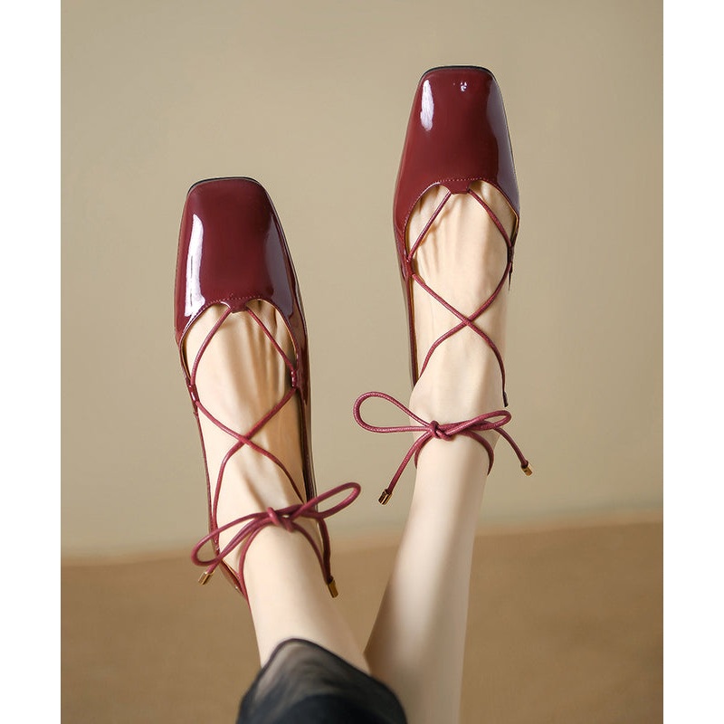 French Mulberry Lace Up Splicing Flats Square Toe