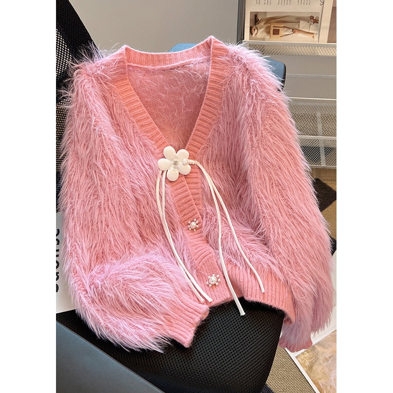French Pink V Neck Tassel Mink Hair Knitted Cardigan Spring