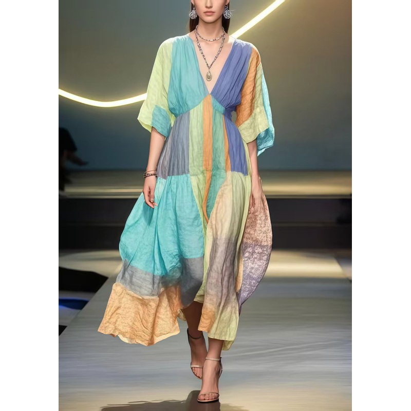 French Rainbow V Neck Patchwork Cotton Holiday Dress Summer