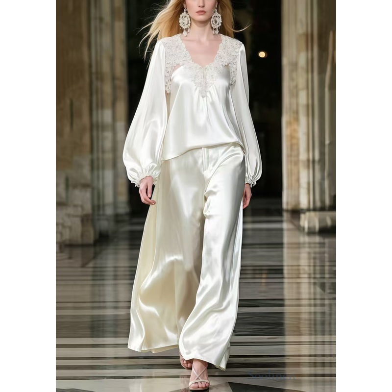 French White Lace Patchwork Draping Silk Two Piece Set Women Clothing Spring