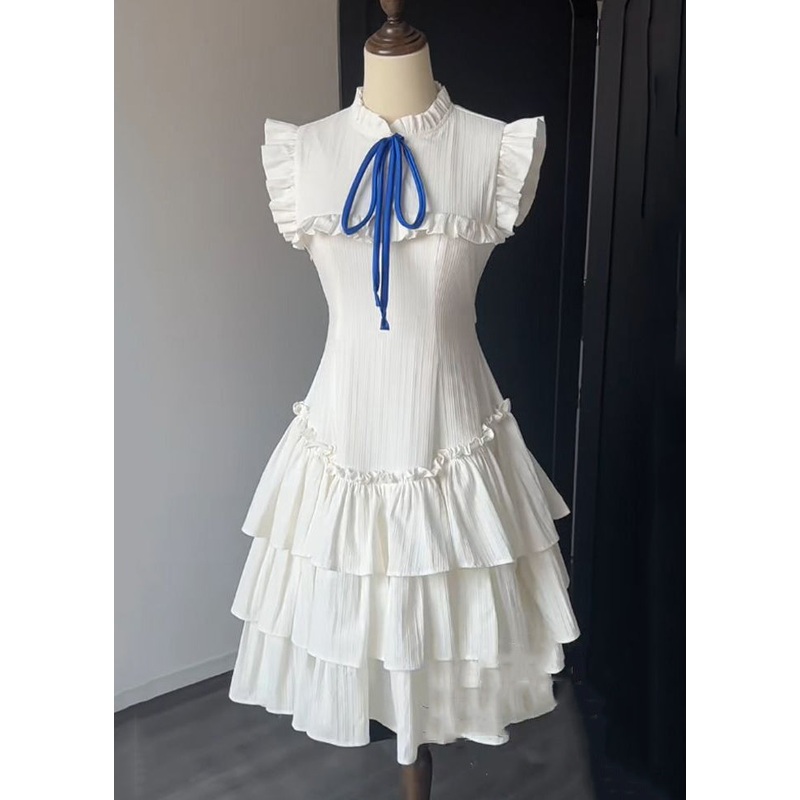 French White Ruffled Lace Up Solid Cotton Dress Sleeveless