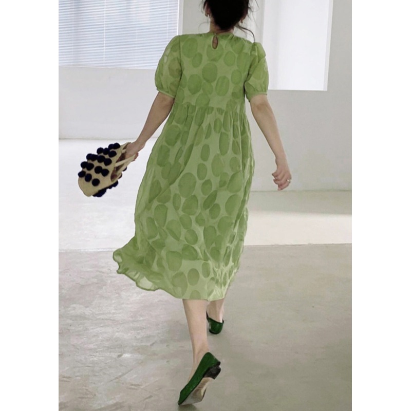 Green Dot High Waist Cotton Long Dresses O Neck Summer