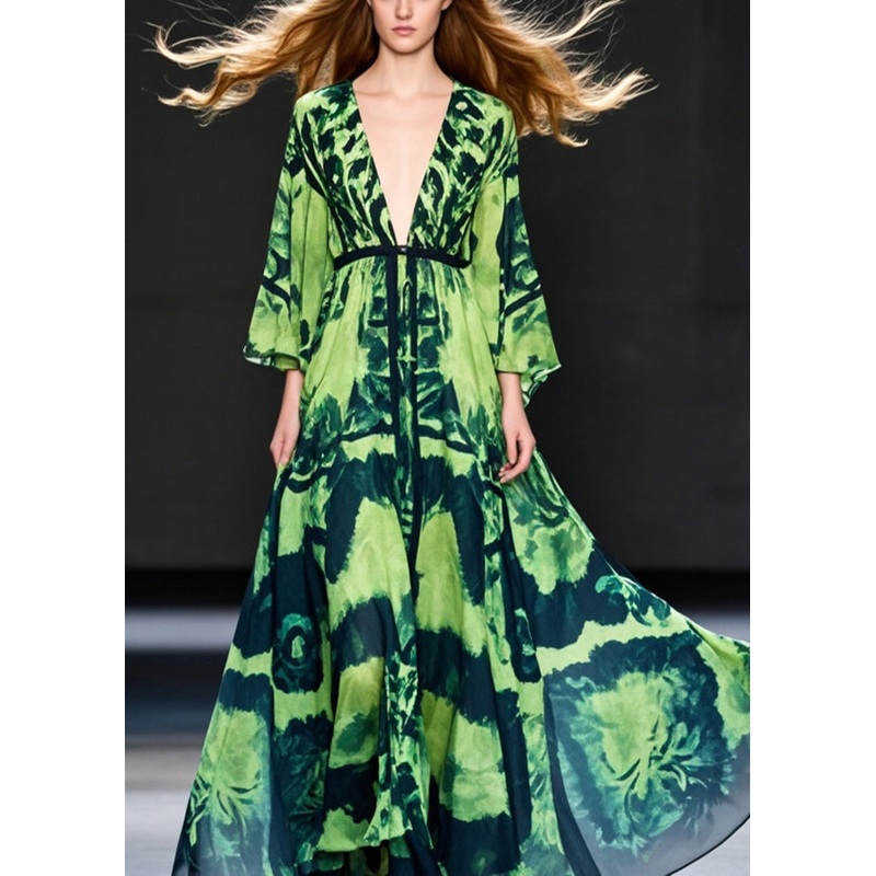 Green Print Chiffon Ankle Dress Deep-V Neck Exra Large Hem Spring