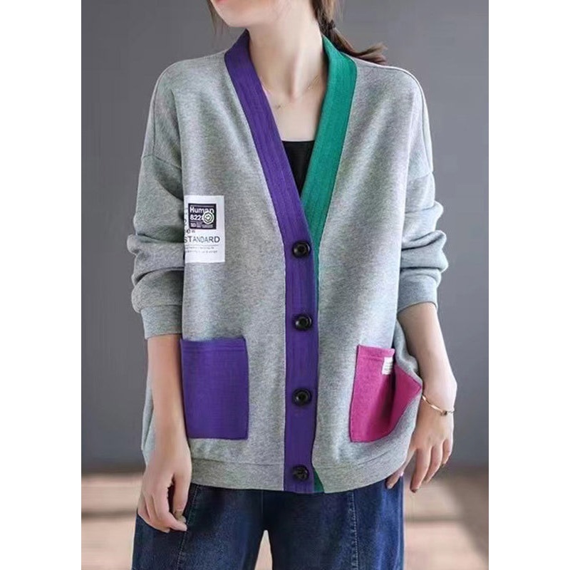 Grey Pockets Patchwork Loose Cotton Cardigans V Neck Spring