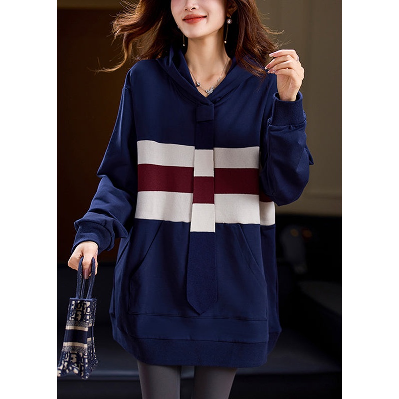 Handmade Blue Striped Patchwork Knitted Cotton Hooded Sweatshirts Spring