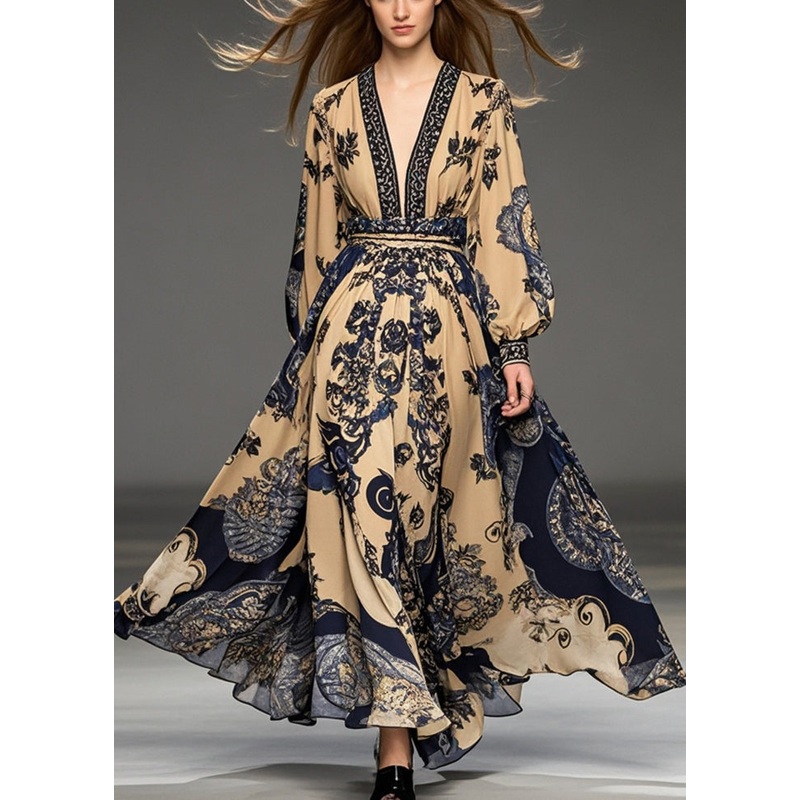 Handmade Brown Cinched Print Exra Large Hem Chiffon Ankle Dress Spring