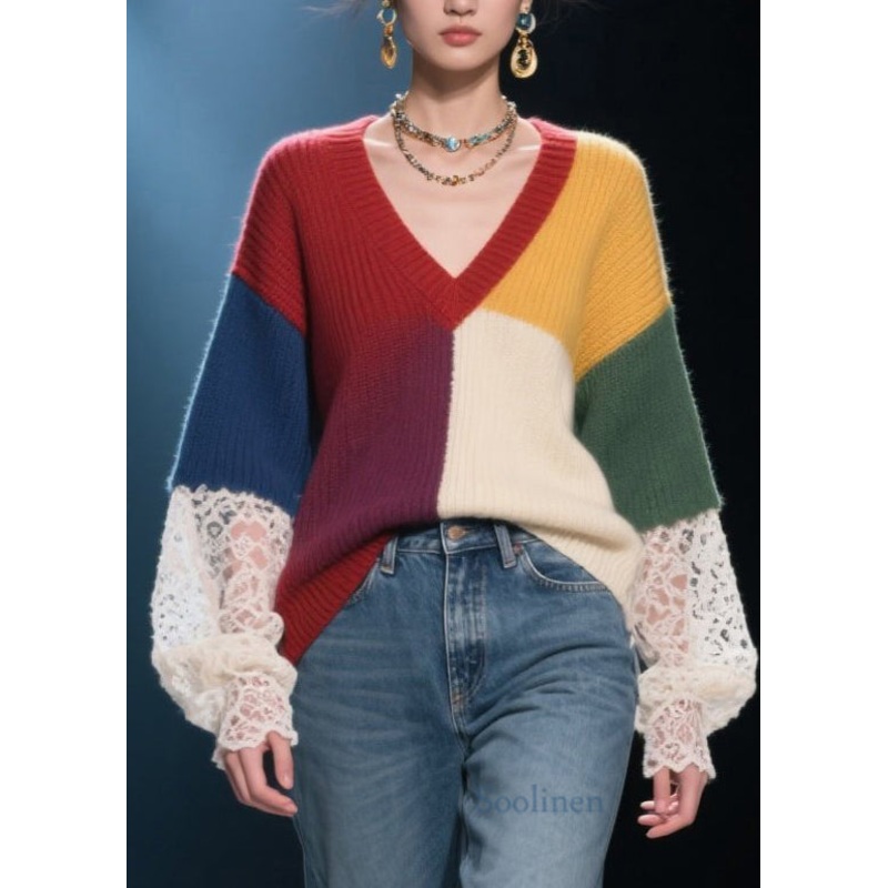 Handmade Colorblock Lace Patchwork Knit Pullover Fall