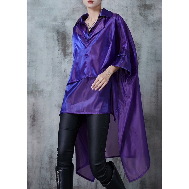 Italian Purple Oversized Asymmetrical Design Silk Long Shirt Summer