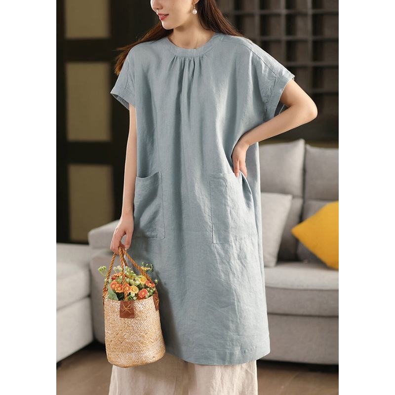 Loose Blue O-Neck Pockets Linen Dresses Summe