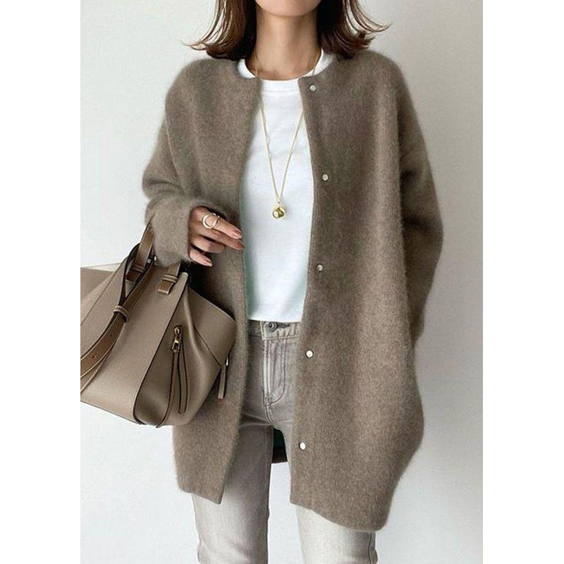 Loose Coffee O Neck Button Solid Woolen Coat Spring