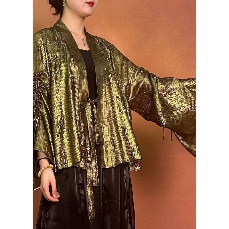 Loose Green U Neck Drawstring Shirts Flare Sleeve