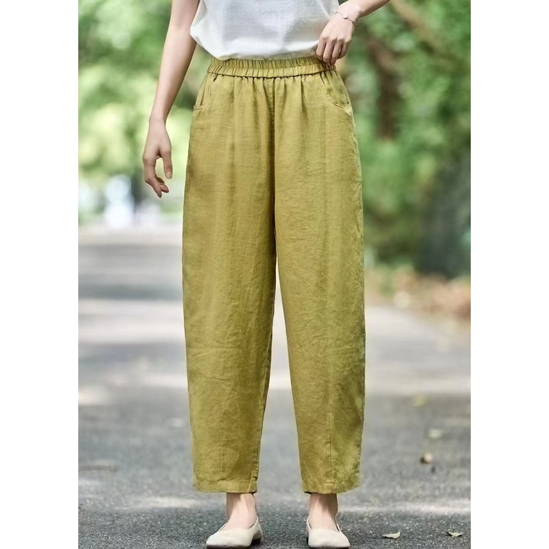 Modern Grass Green Elastic Waist Oversized Linen Harem Pants Summer