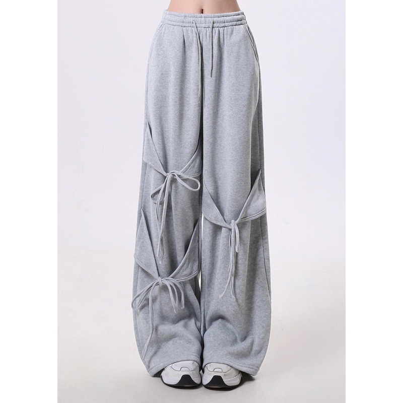 Modern Grey Oversized Lace Up Cotton Straight Pants Spring