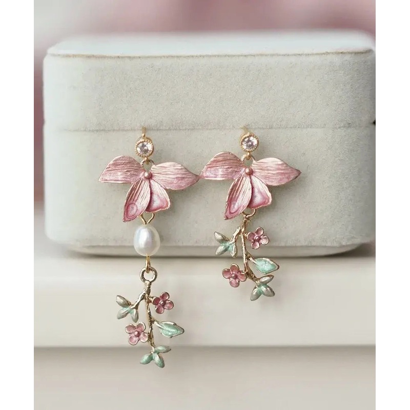 Modern Pink Copper Overgild Pearl Floral Drop Earrings