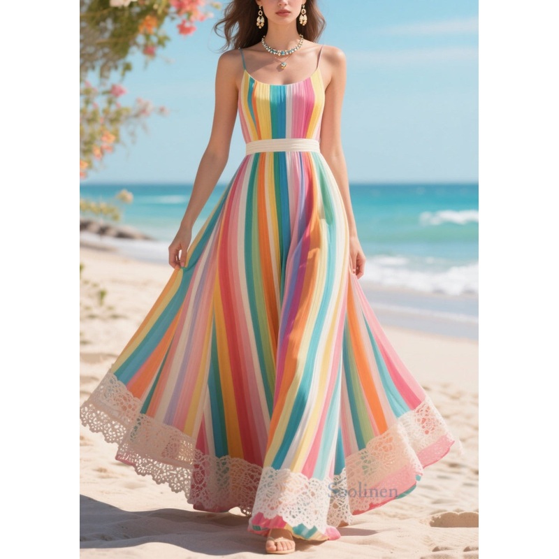 Multicolour Striped Lace Patchwork Exra Large Hem Chiffon Dress Summer