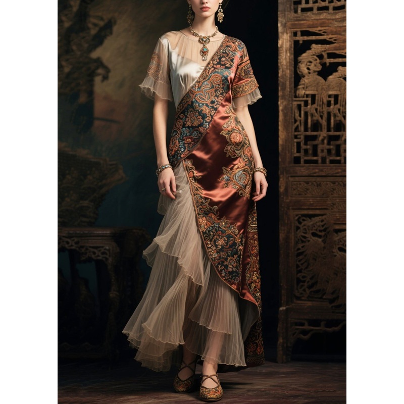 National Style Brown Asymmetrical Patchwork Tulle Silk Dress Summer