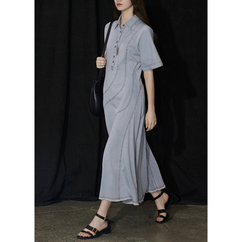 New Blue Peter Pan Collar Patchwork Denim Long Dresses Summer