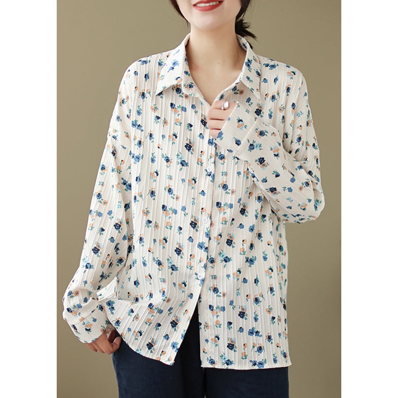 New Loose Beige Peter Pan Collar Print Cotton Shirt Spring