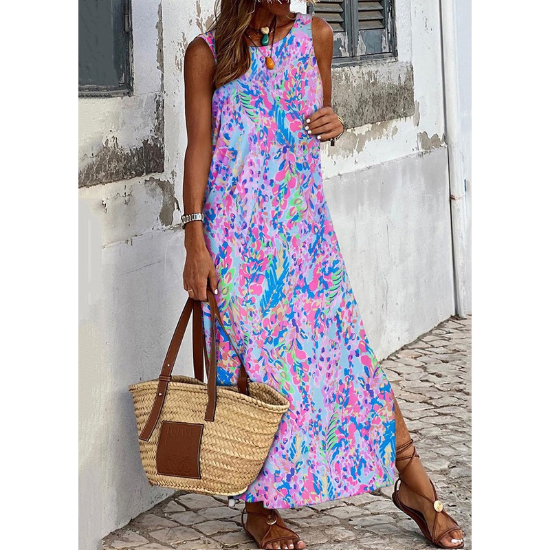 New Purple Print Side Open Cotton Maxi Dress Sleeveless