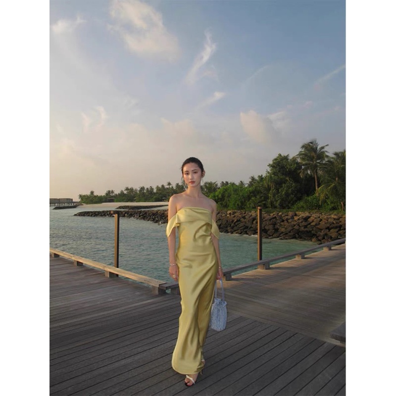 Off The Shoulder Yellow Satin Sheath Long Prom Dress J3372