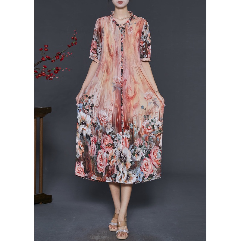 Organic Orange Ruffled Print Silk Party Dress Summer
