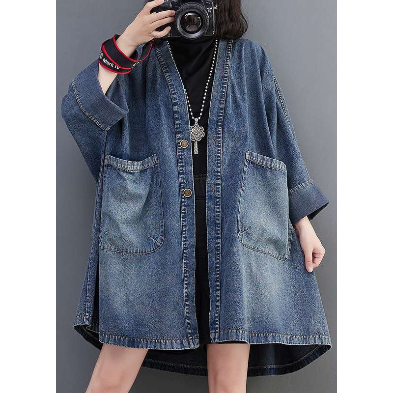 Plus Size Blue V Neck Pockets Denim Coats Fall