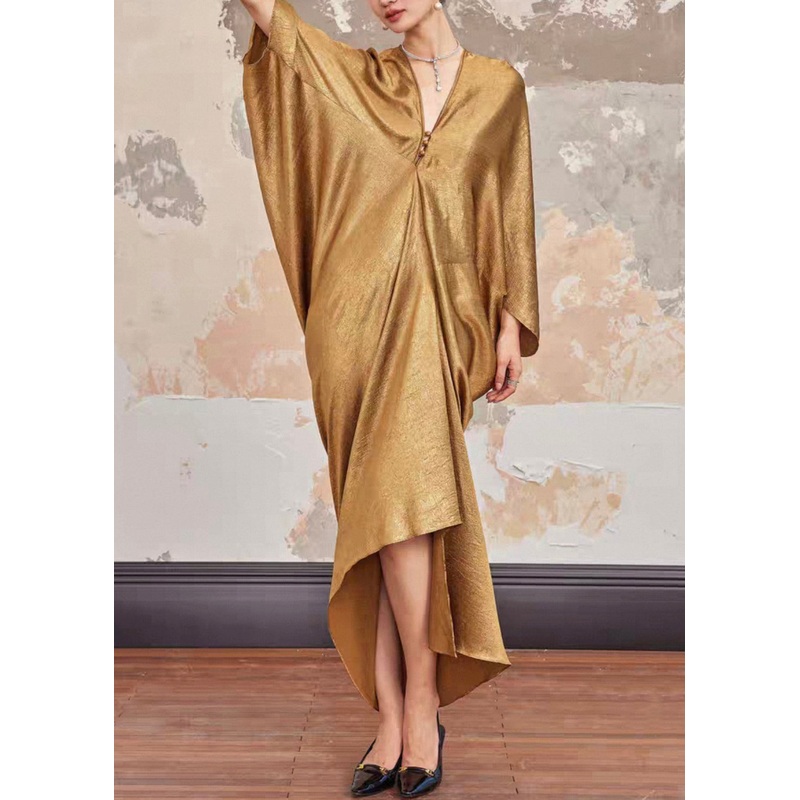 Plus Size Gold V Neck Solid Silk Long Dresses Batwing Sleeve