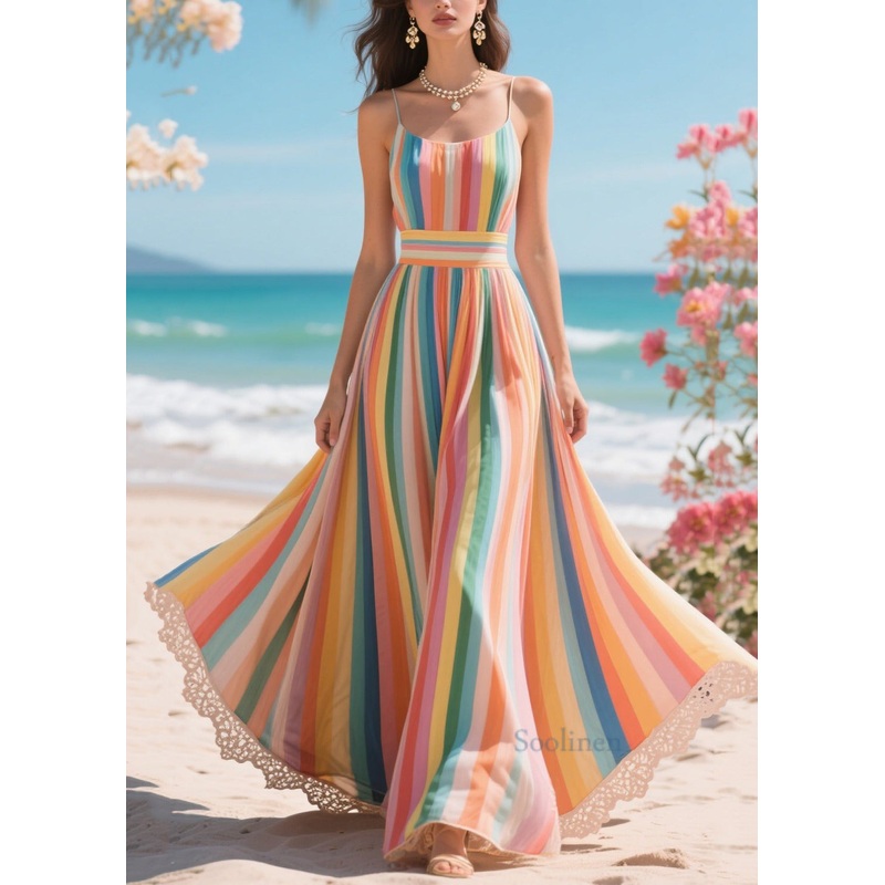Rainbow Striped Chiffon Beach Sundresses Exra Large Hem Summer
