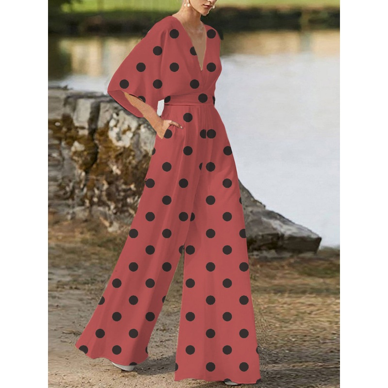 Red wave point Elegant Deep V Neck Plain Half Sleeve High Waist Wide Leg Jumpsuit