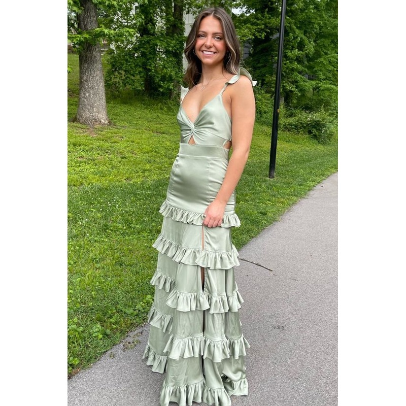 Sheath V Neck Sage Green Satin Long Prom Evening Dresses With Slit J2671