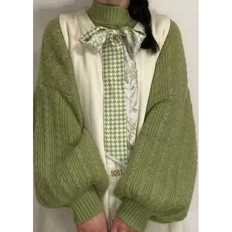Simple Green Turtleneck Solid Cable Knit Sweaters Lantern Sleeve