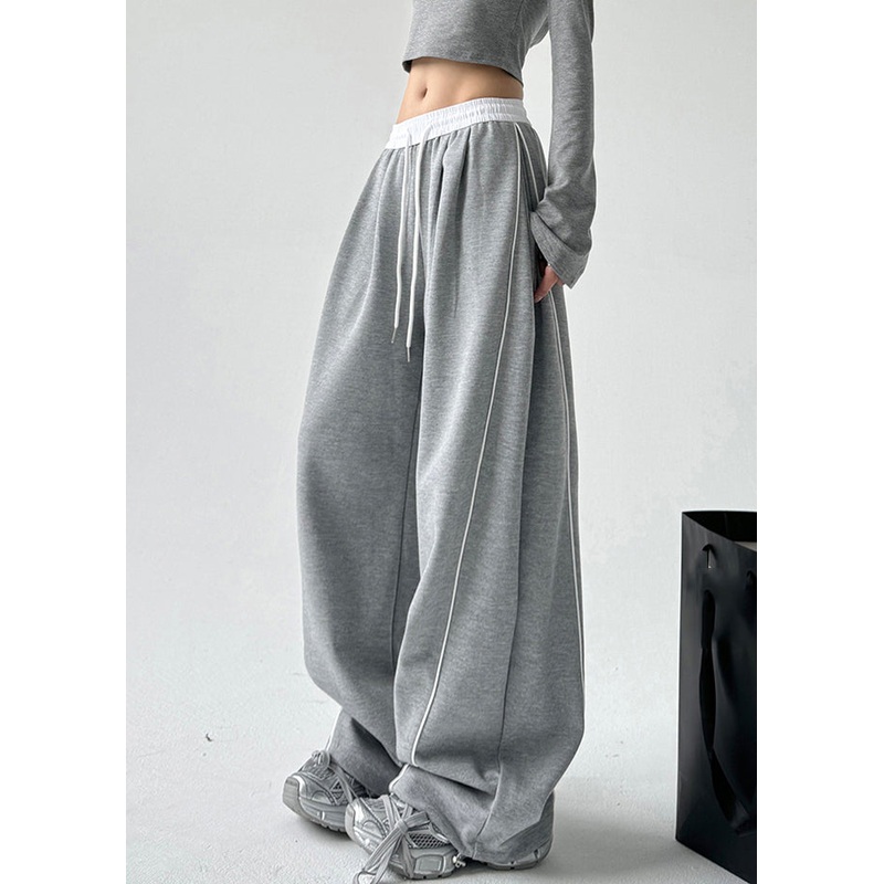 Simple Grey Elastic Waist Drawstring Wide Leg Pants Spring