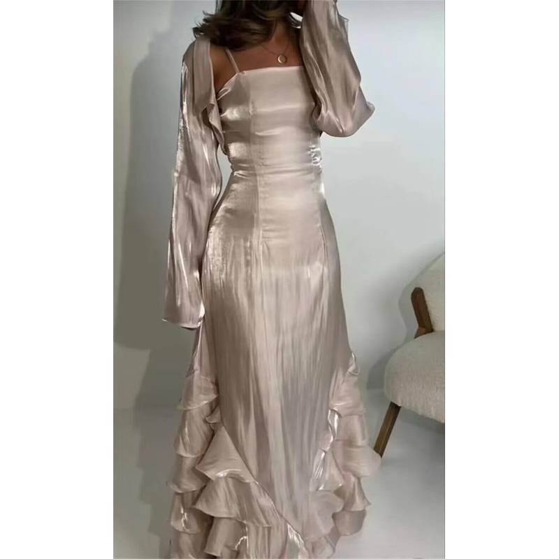 Spaghetti Straps A Line Ruffled Long Prom Dresses J2846