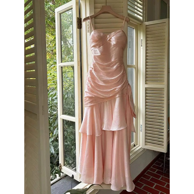 Spaghetti Straps Pink Mermaid Prom Dress Ruffle Evening Dress J6076