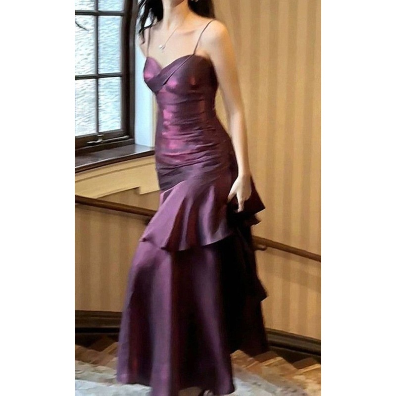 Spaghetti Straps Ruffle Purple Prom Dress Tiered Birthday Outfit J6400