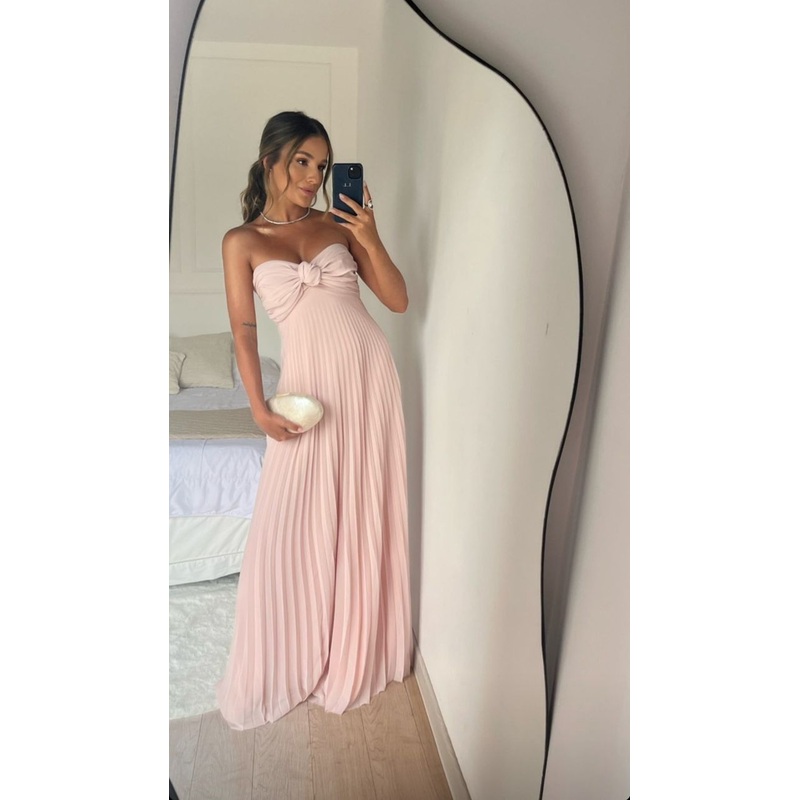 Strapless A Line Pink Long Prom Dress Pleated Formal Party Gown J4144