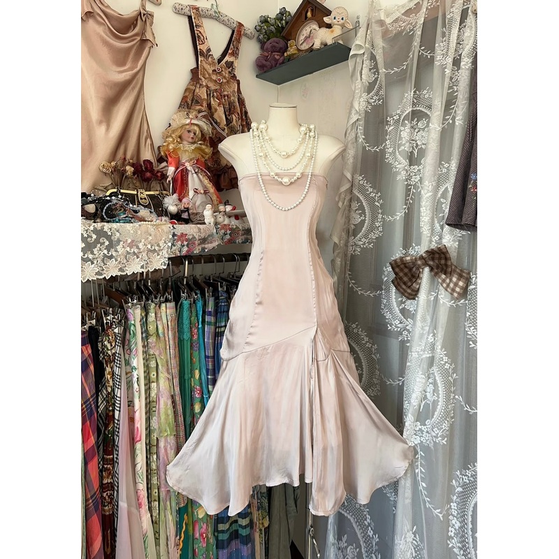 Strapless Mermaid Satin Pink Prom Dress Simple Vintage Dress J6307