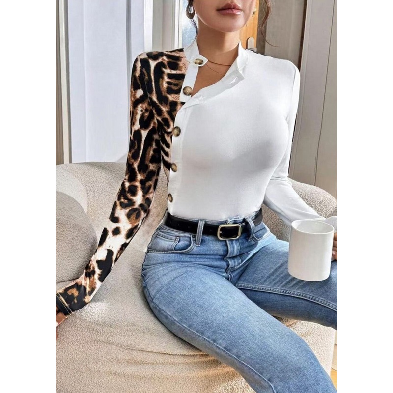 Streetwear Slim Fit Leopard Print Patchwork Long Sleeved T-Shirt
