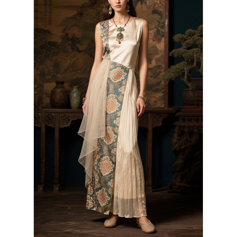 Style Beige Asymmetrical Patchwork Wrinkled Silk Holiday Dress Summer
