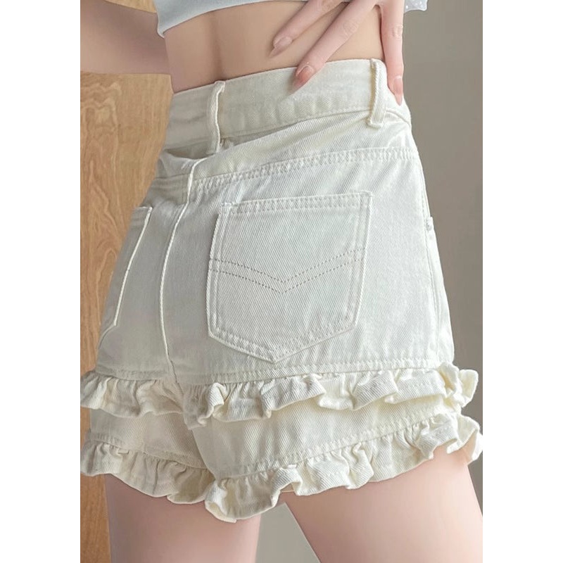 Style White High Waist Ruffled Denim Hot Shorts Summer